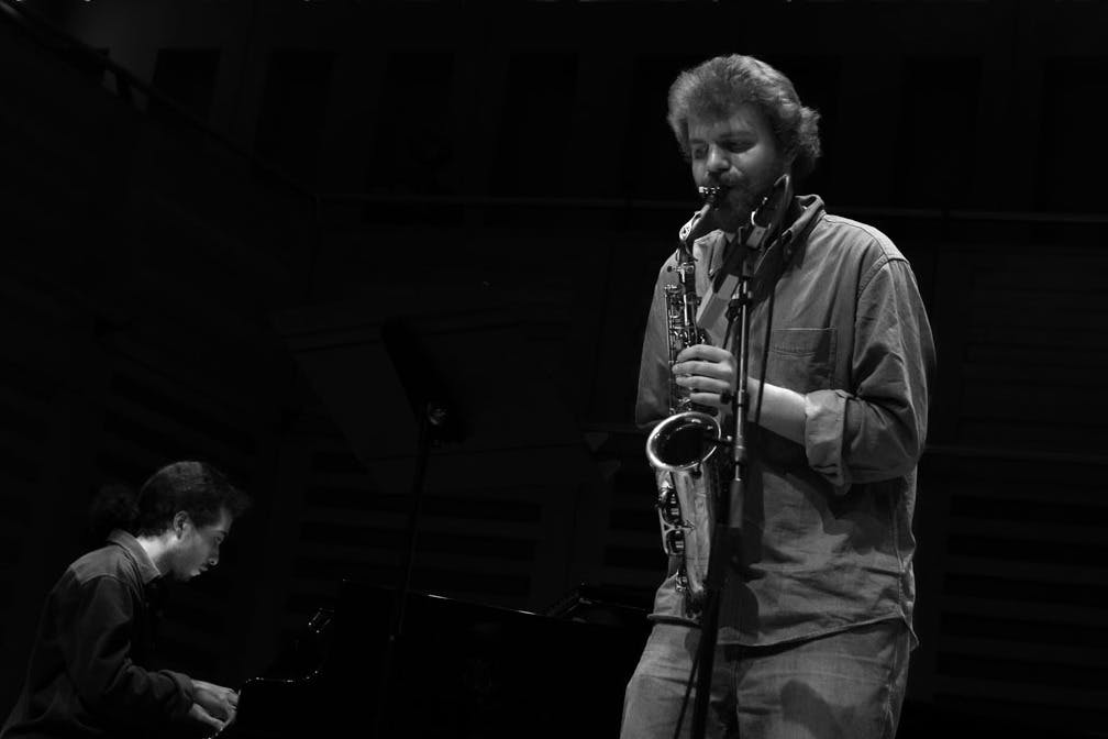 Ashkan Layegh (left) and Sam Norris of Phemo Quartet performing at Kings Place in London.